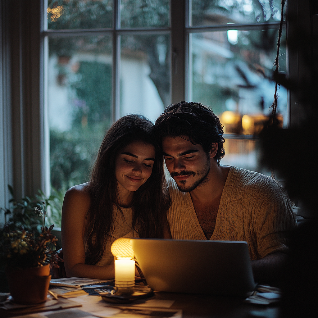 Una pareja mirando un portátil | Fuente: Midjourney