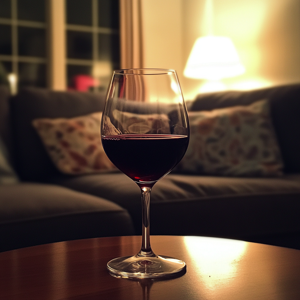 Una copa de vino sobre una mesa de café | Fuente: Midjourney