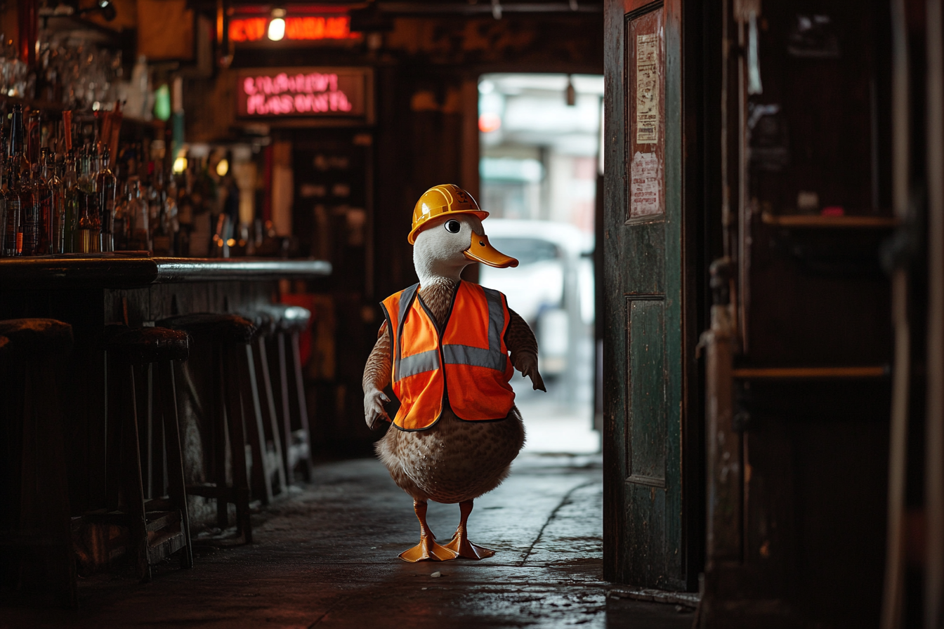 Un pato con uniforme de albañil entrando en un bar | Fuente: Midjourney