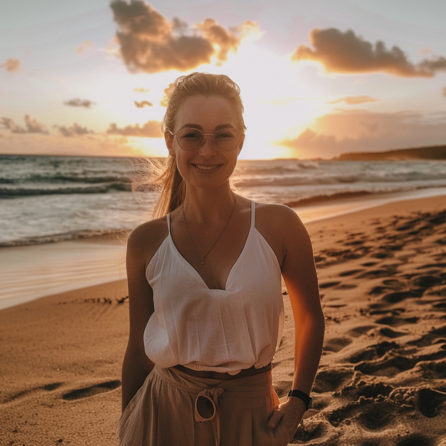 Una mujer posando para una foto durante la puesta de sol en la playa | Fuente: Midjourney