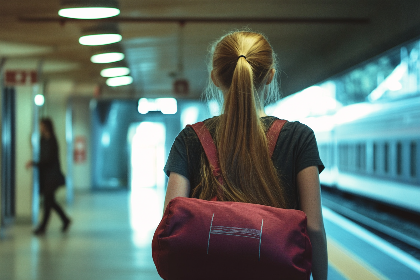 Una adolescente caminando por una estación de tren | Fuente: Midjourney