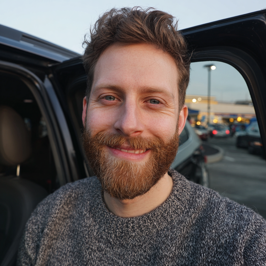 Un hombre sonriente junto a un Automóvil | Fuente: Midjourney