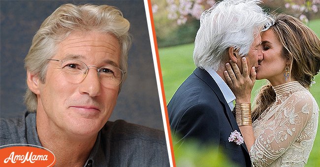 Retrato del actor Richard Gere sonriendo. [izquierda]; Foto del actor Richard Gere y su esposa Alejandra Silva besándose. [derecha] | Foto: Getty Images - Instagram.com/alejandragere