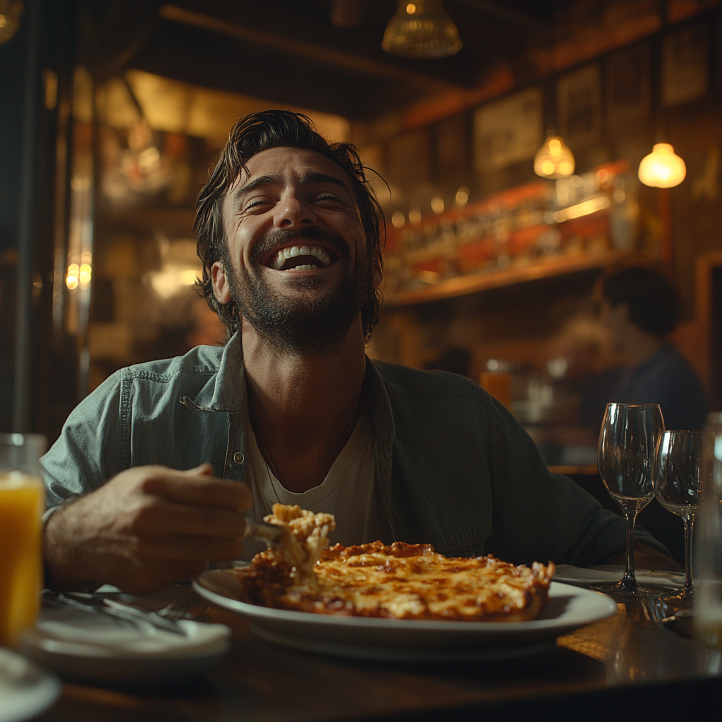 Un hombre feliz disfrutando de una lasaña | Fuente: Midjourney