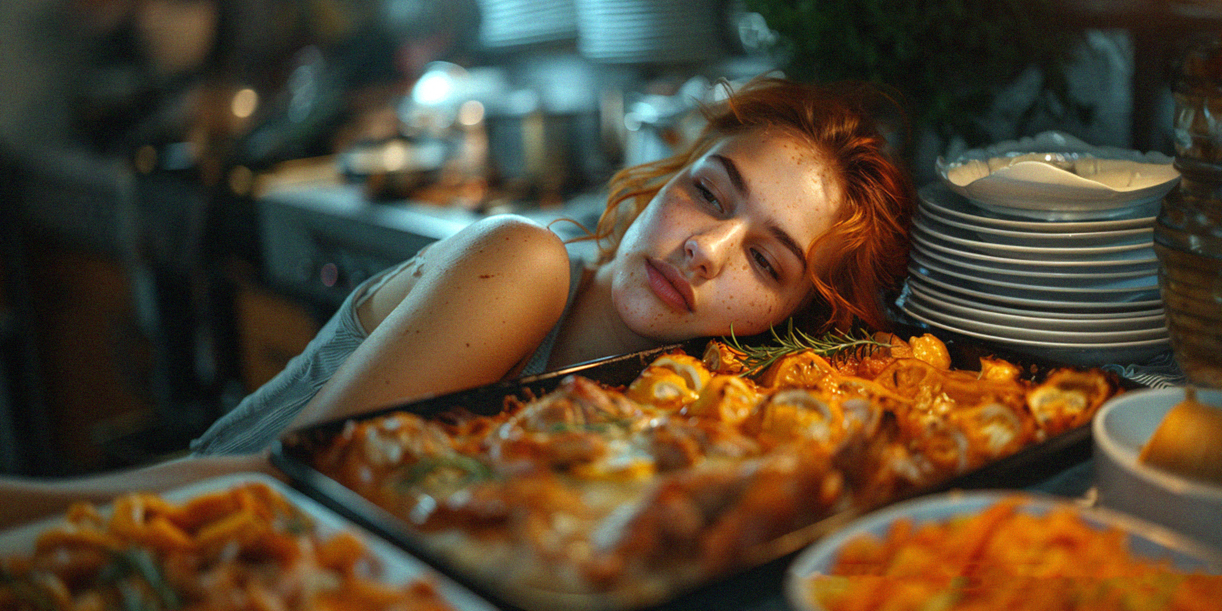 Una mujer joven apoyando la cabeza en una mesa con comida y platos | Fuente: Midjourney