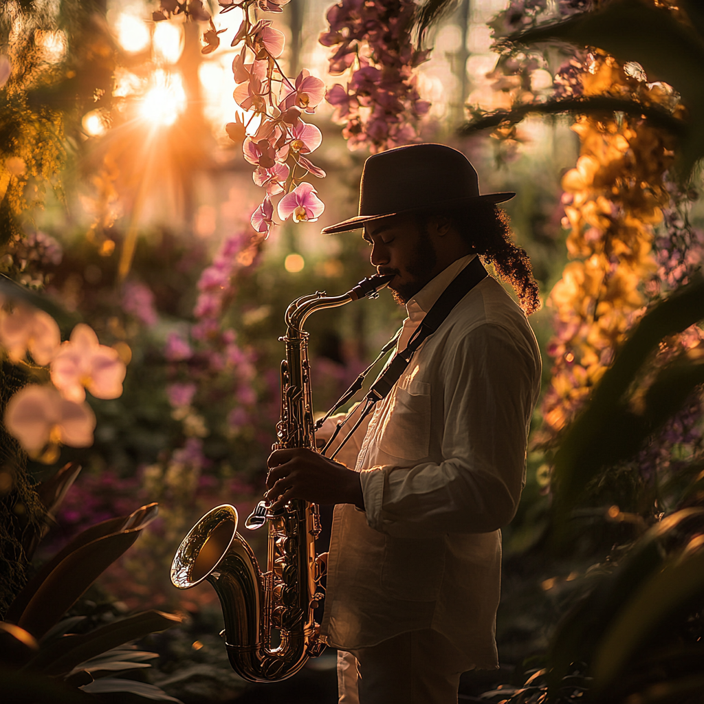 Un saxofonista tocando el saxofón en un jardín botánico | Fuente: Midjourney