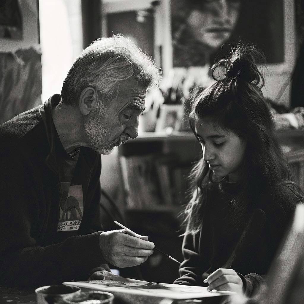 Hombre enseñando arte a una niña | Fuente: Midjourney