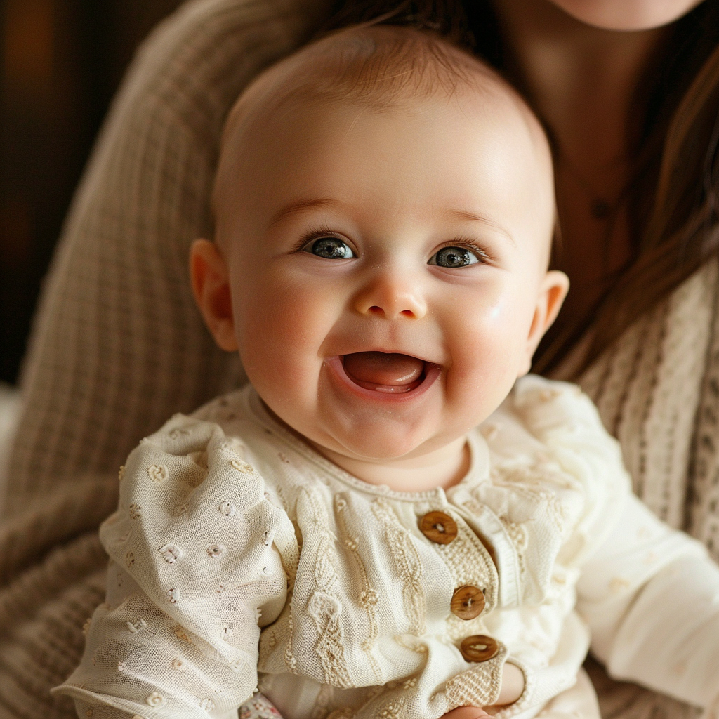 Una niña riendo en brazos de su madre | Fuente: Midjourney