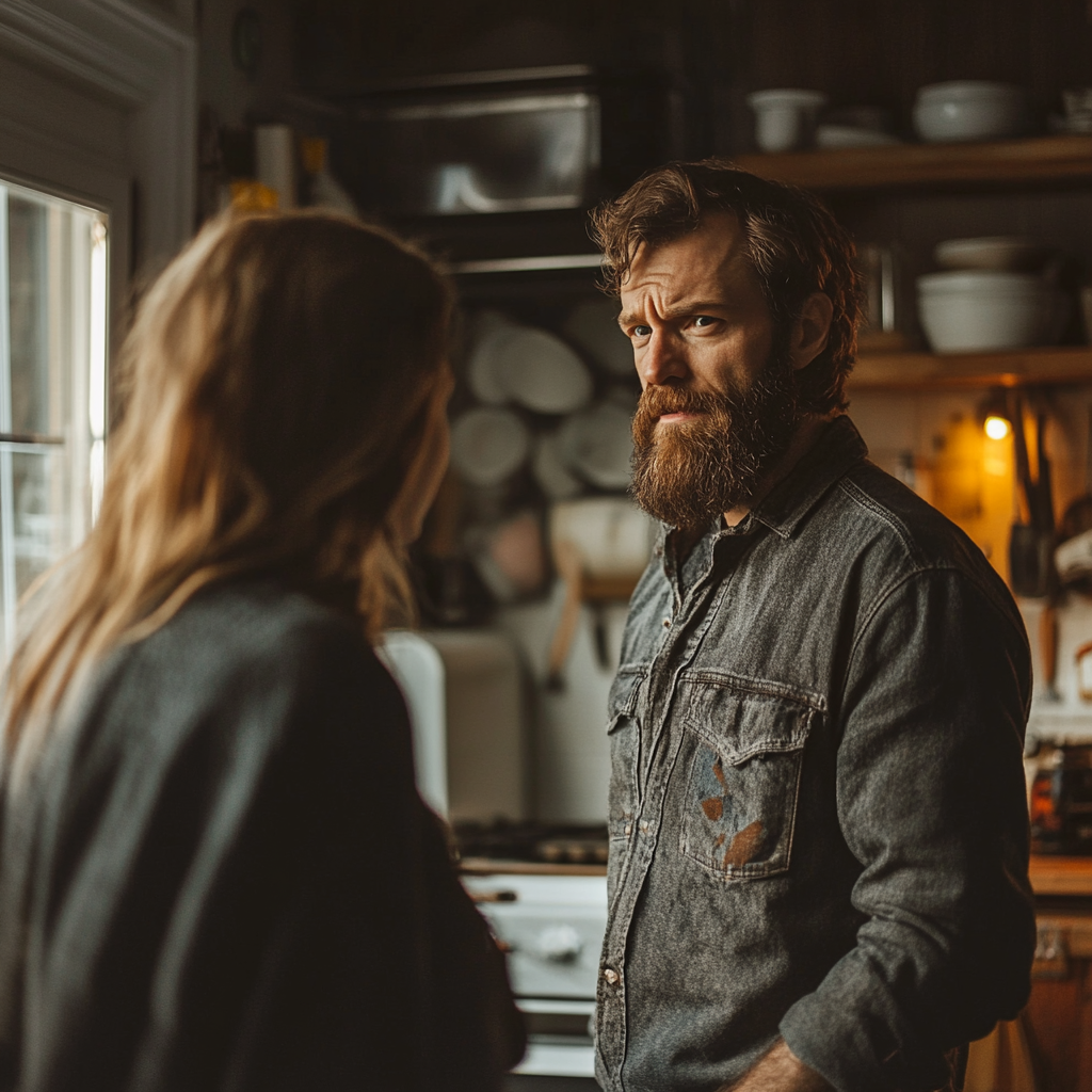 Un hombre hablando seriamente con su esposa | Fuente: Midjourney