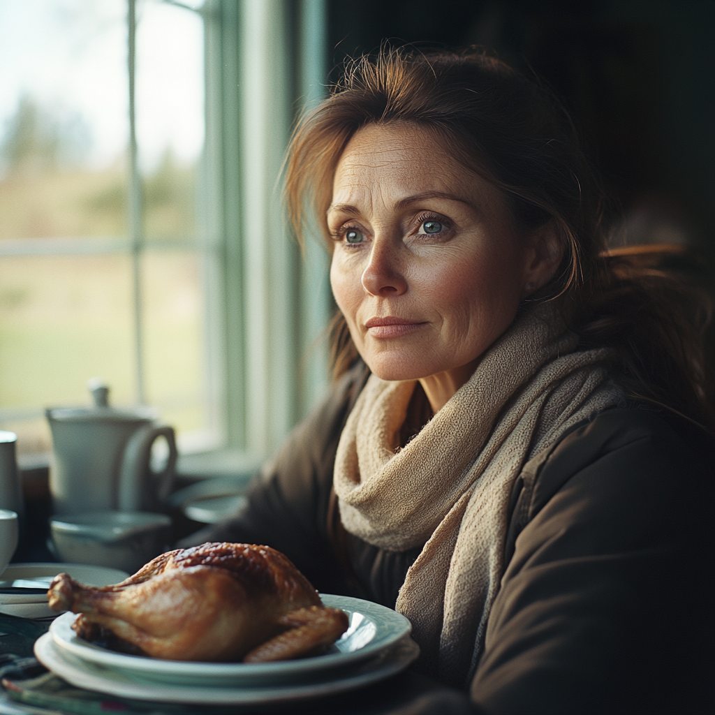 Una mujer sentada para cenar | Fuente: Midjourney