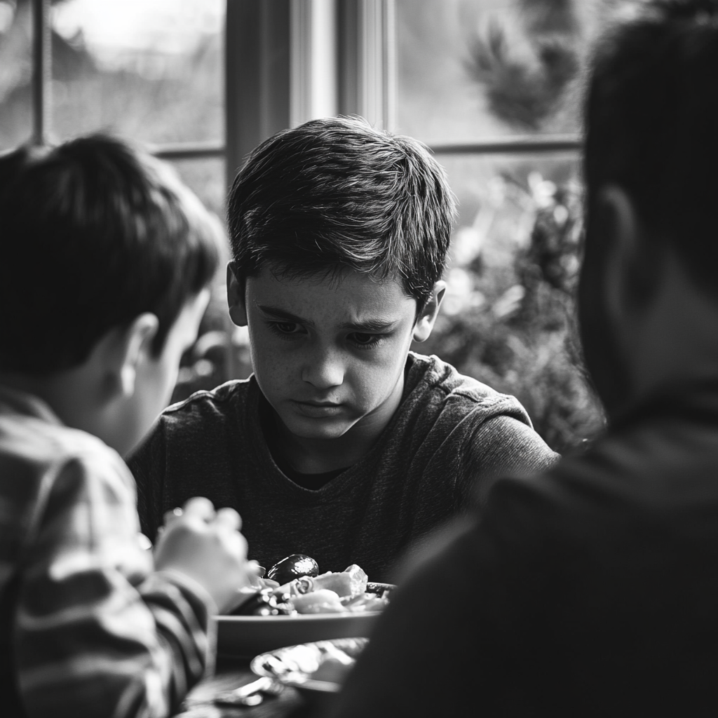 Un niño viendo comer a su padre y a su hermano | Fuente: Midjourney