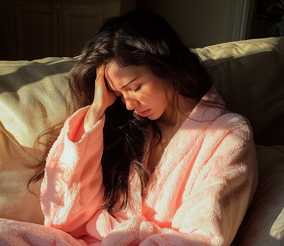 Una mujer vestida con una túnica rosa y sujetándose la cabeza | Fuente: Midjourney