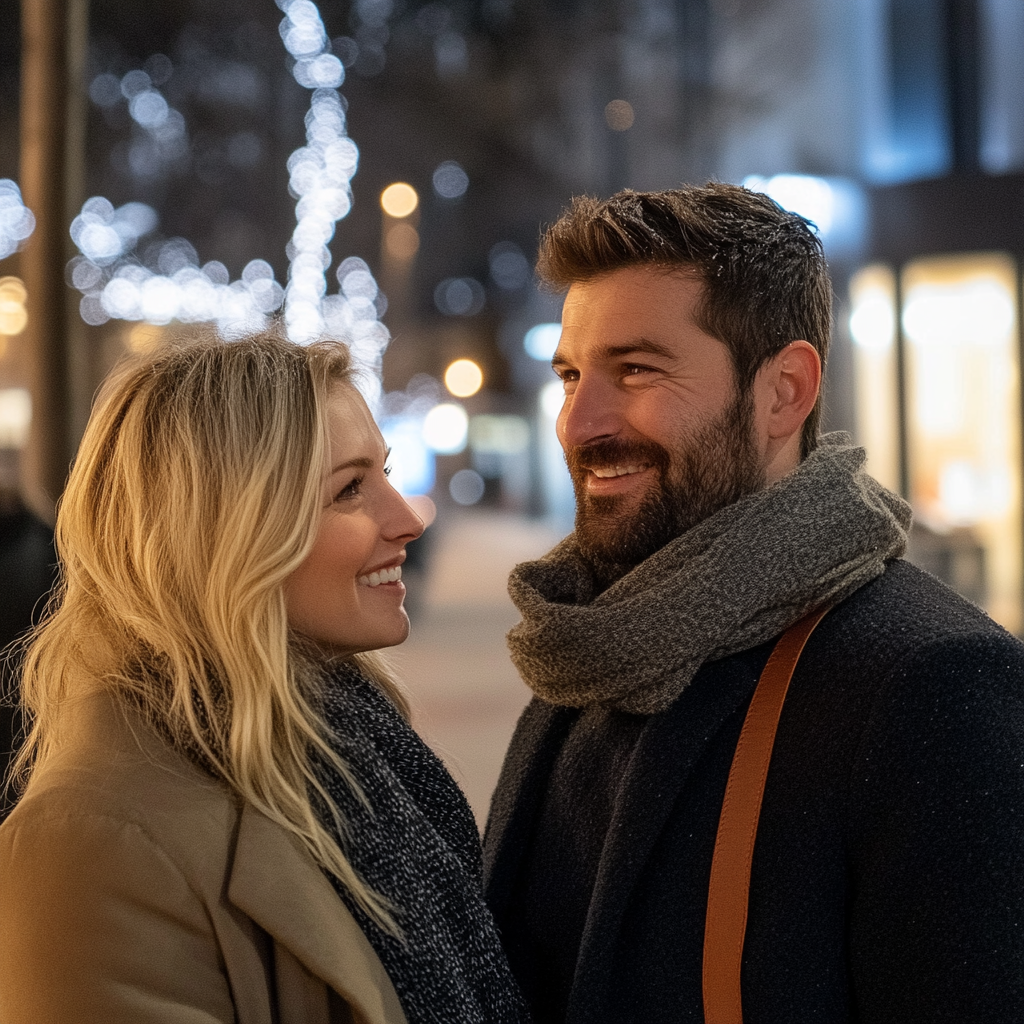 Un hombre sonriente hablando con una mujer | Fuente: Midjourney