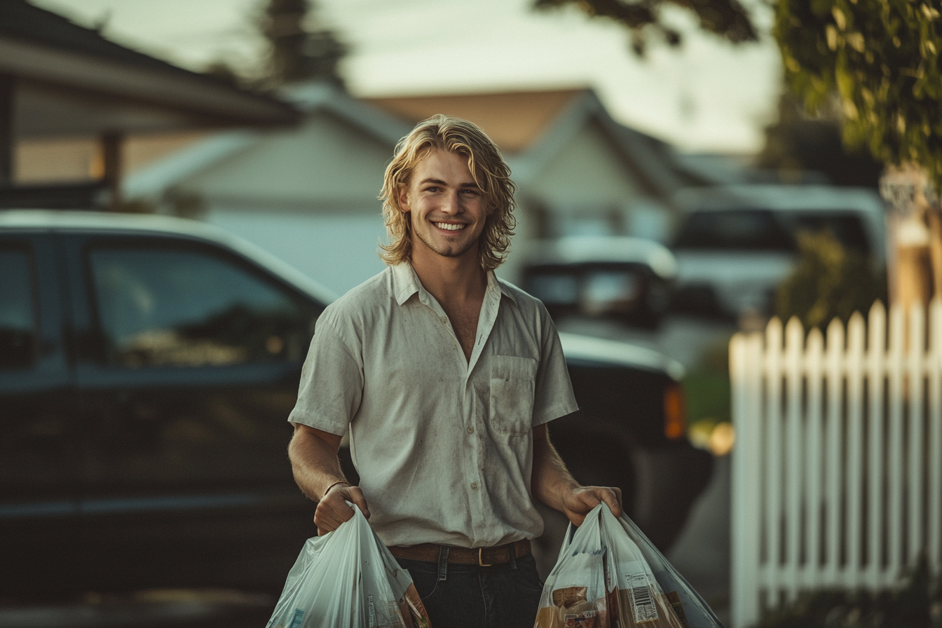 Hombre de unos 20 años con el pelo largo y rubio sujetando bolsas de la compra delante de un todoterreno negro | Fuente: Midjourney