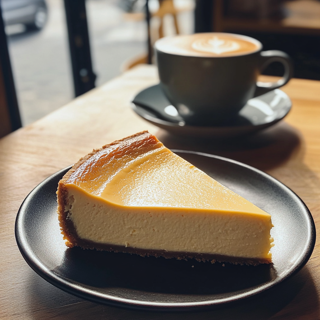 Un trozo de tarta de queso sobre una mesa | Fuente: Midjourney