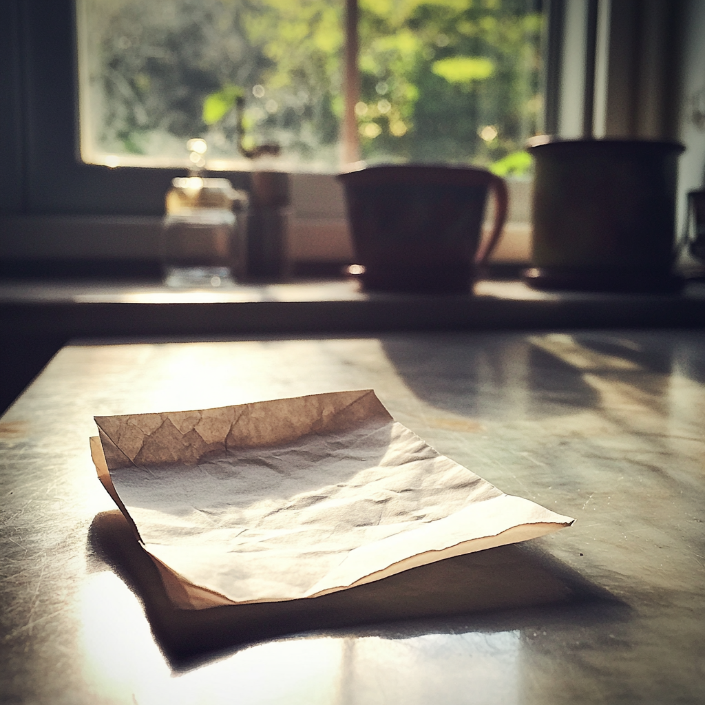 Un papel doblado en la encimera de la cocina | Fuente: Midjourney