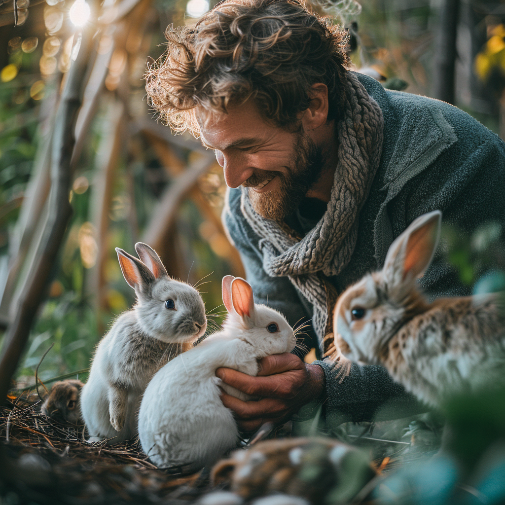 Un hombre jugando con conejos | Fuente: Midjourney