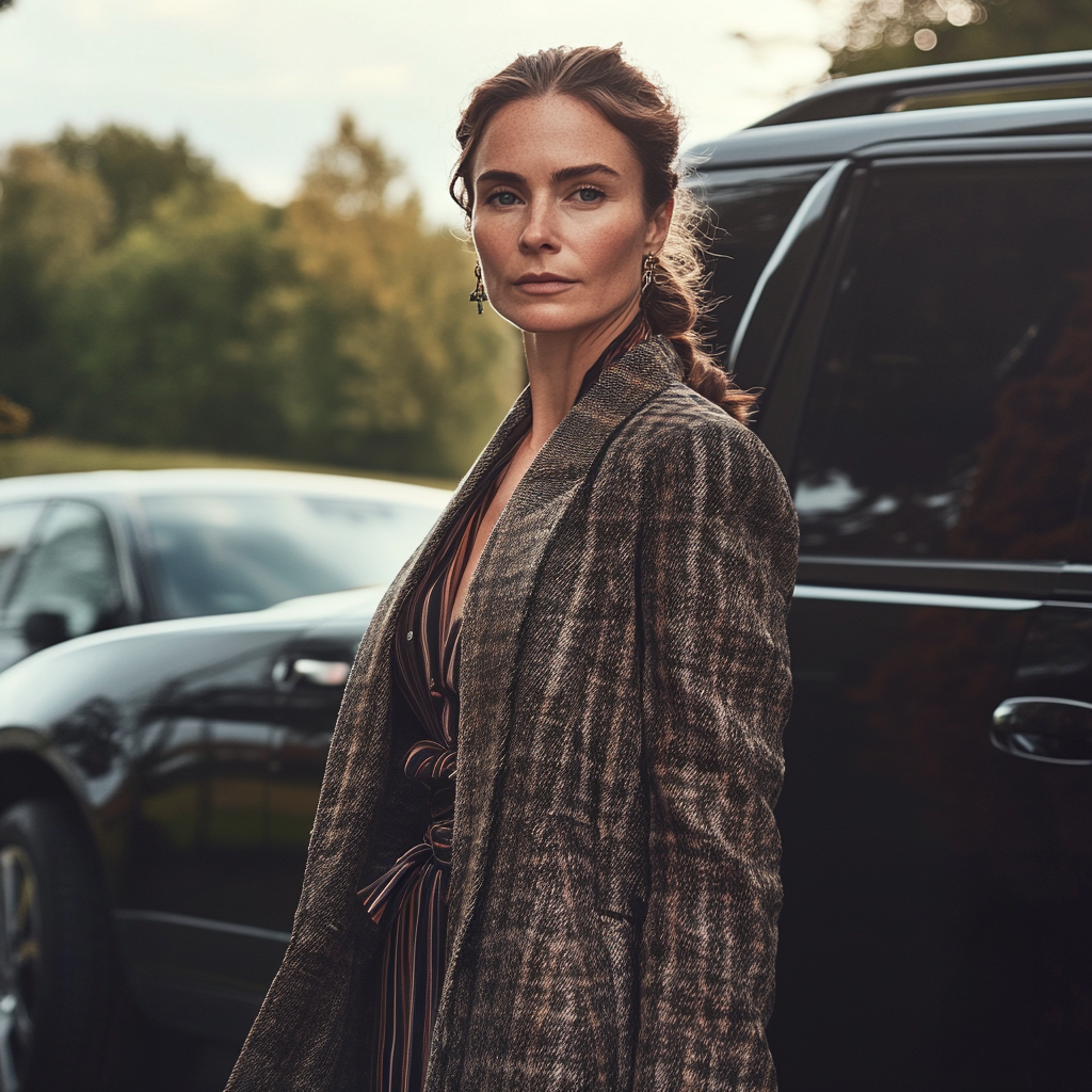 Una mujer elegantemente vestida junto a un Automóvil | Fuente: Midjourney