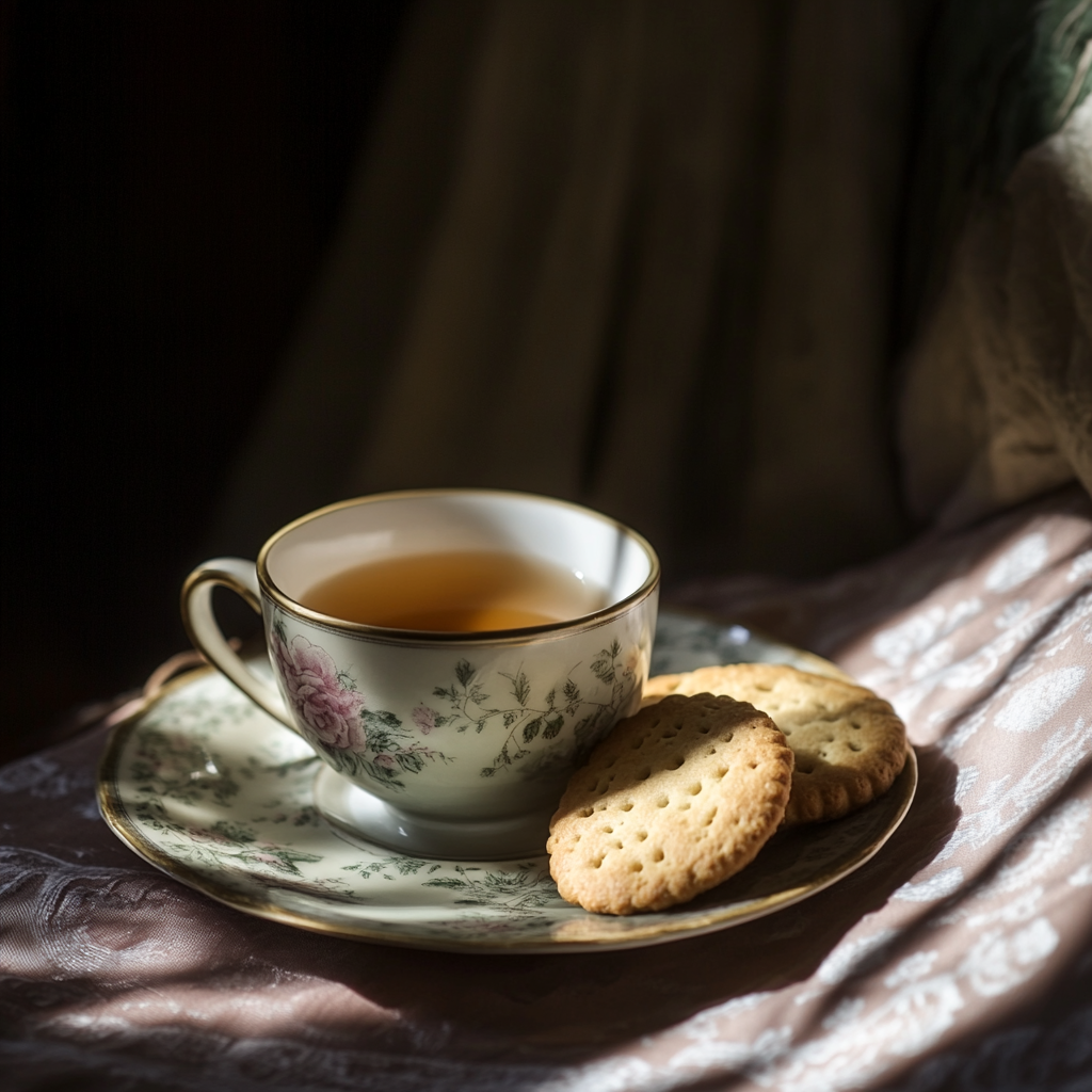 Una taza de té y galletas | Fuente: Midjourney