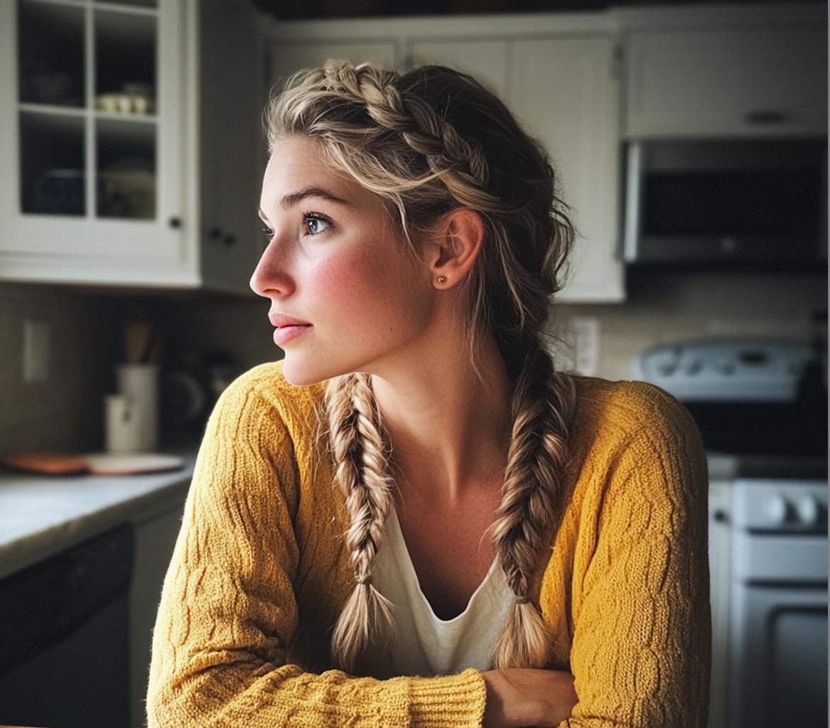 Una mujer sentada a la mesa de la cocina | Fuente: Midjourney