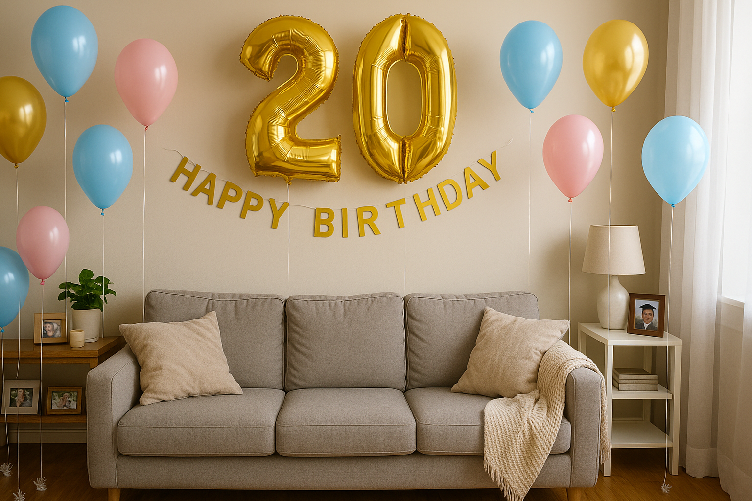 Un salón con globos de cumpleaños | Fuente: Sora