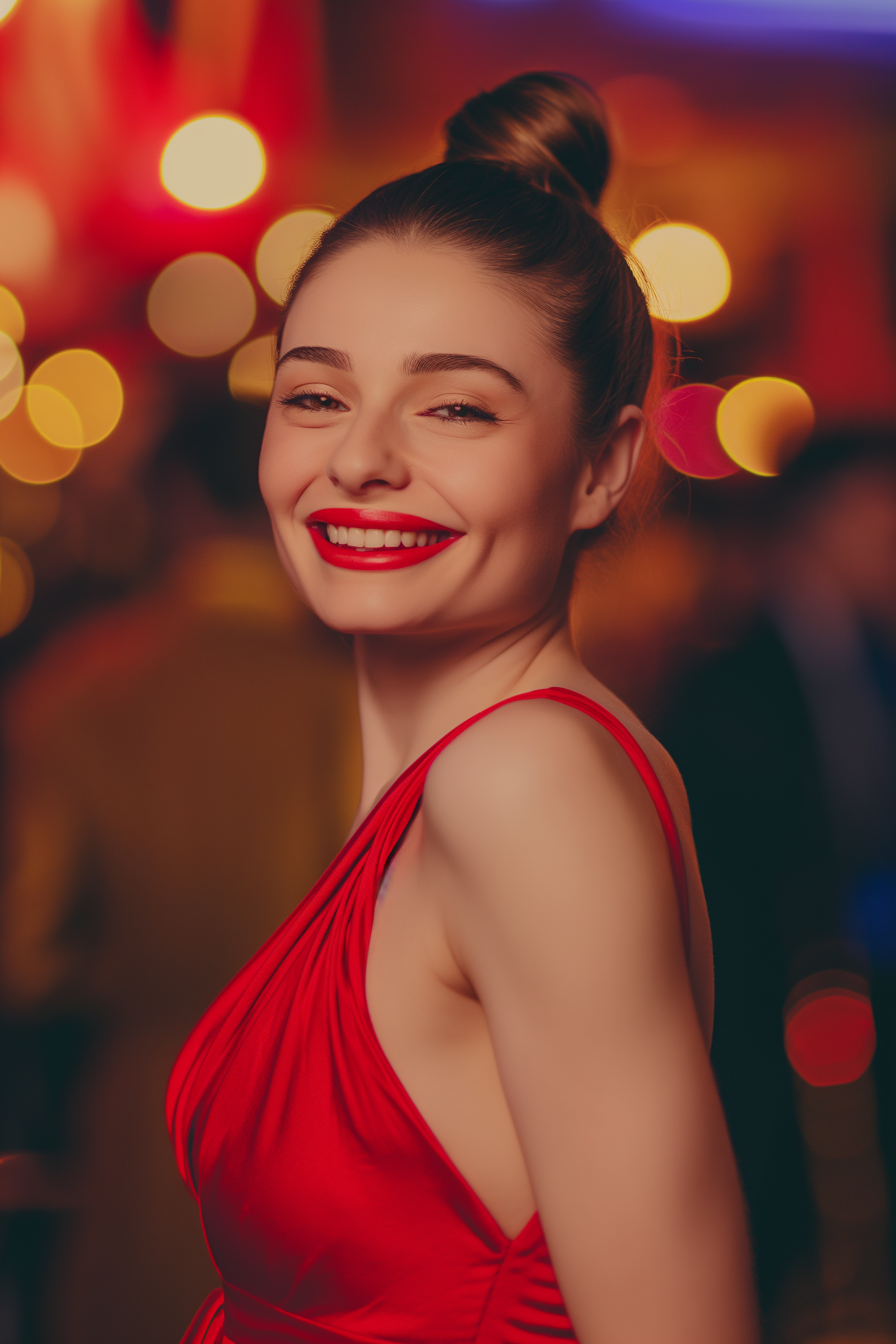 Una mujer sonriente con un vestido rojo | Fuente: Midjourney