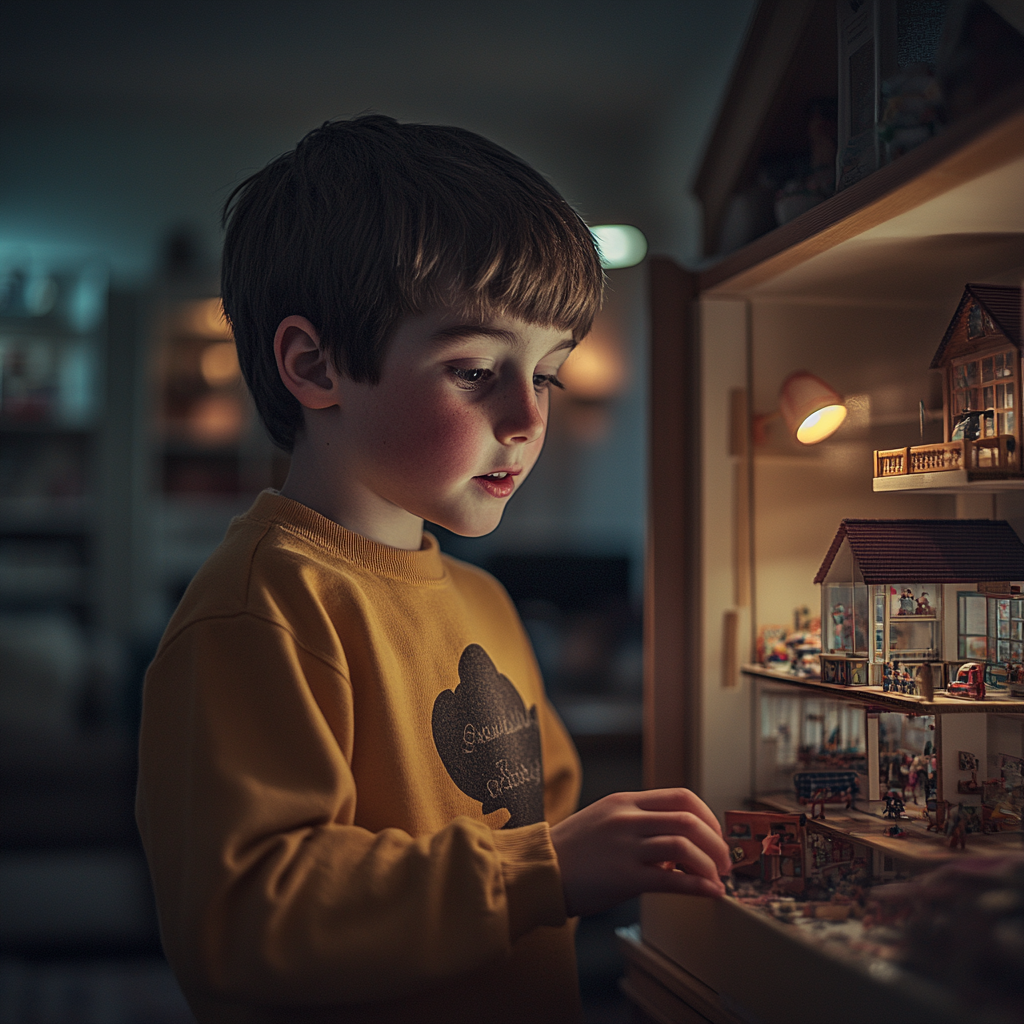 Un niño jugando con su casa de muñecas | Fuente: Midjourney