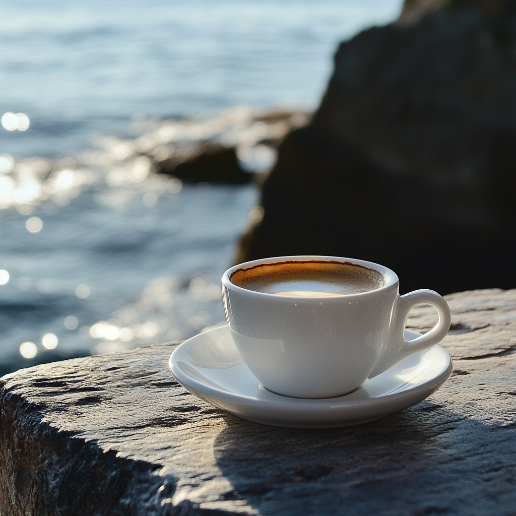 Café en una taza con el océano de fondo | Fuente: Midjourney