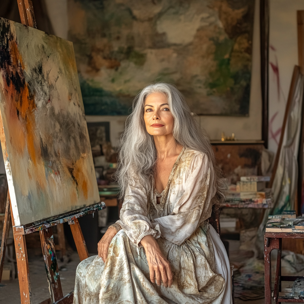 Una mujer sentada en un estudio de arte | Fuente: Midjourney