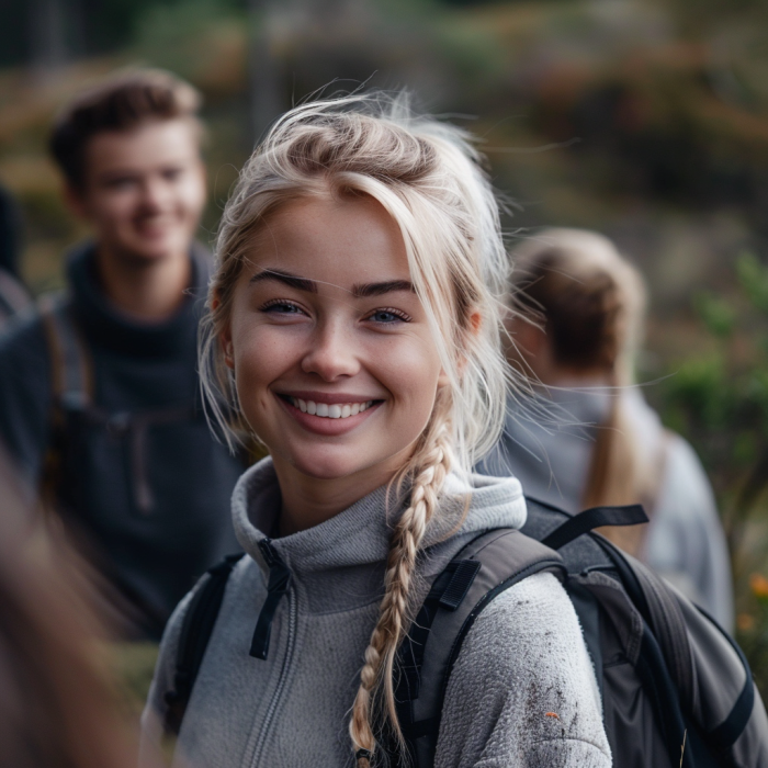 Una mujer feliz de excursión con sus amigas | Fuente: Midjourney