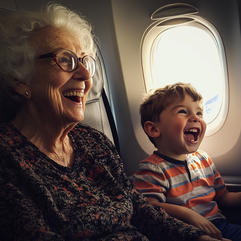 Una abuela y su nieto en un avión | Fuente: Midjourney