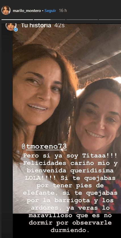 Mensaje de felicitación de Mariló Montero a Toñi Moreno por el nacimiento de su bebé. | Foto: Instagram/marilo_montero