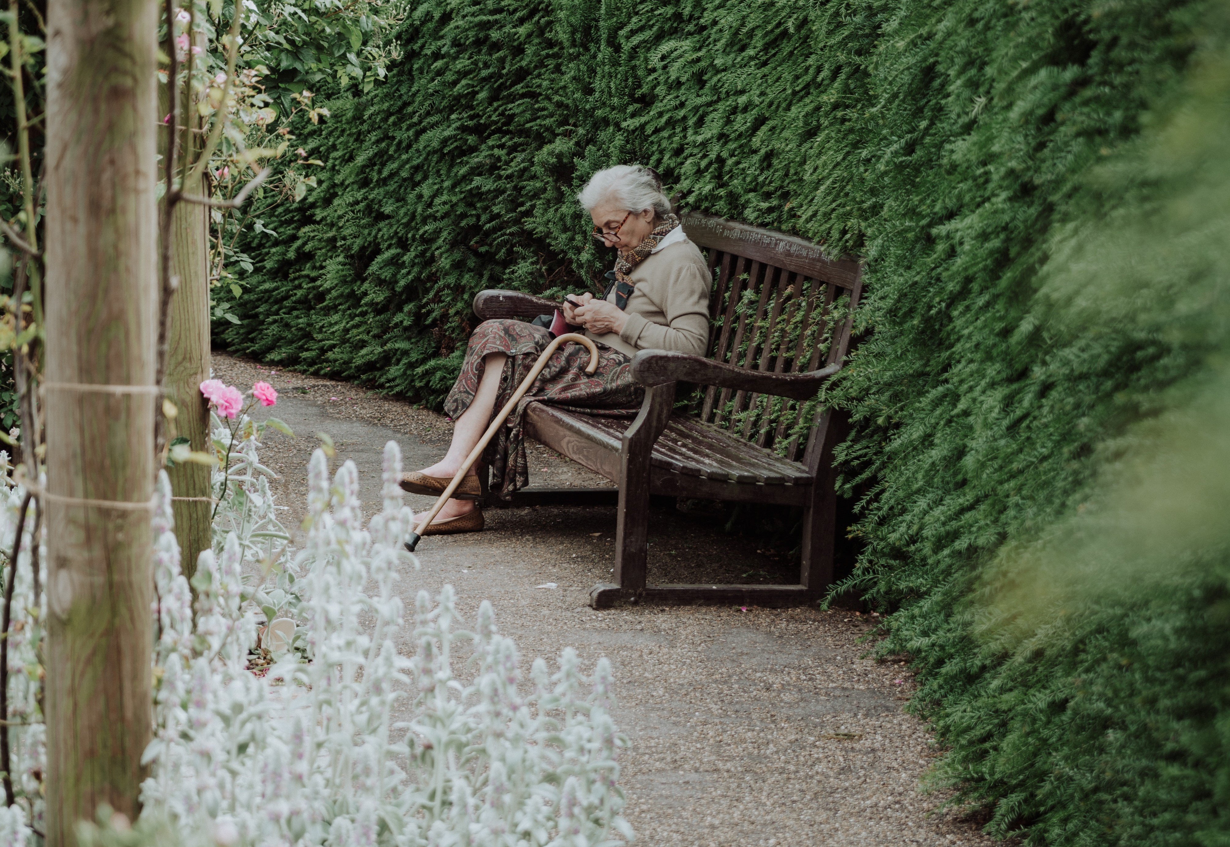 Una anciana está sentada sola en un banco. | Foto: Unsplash