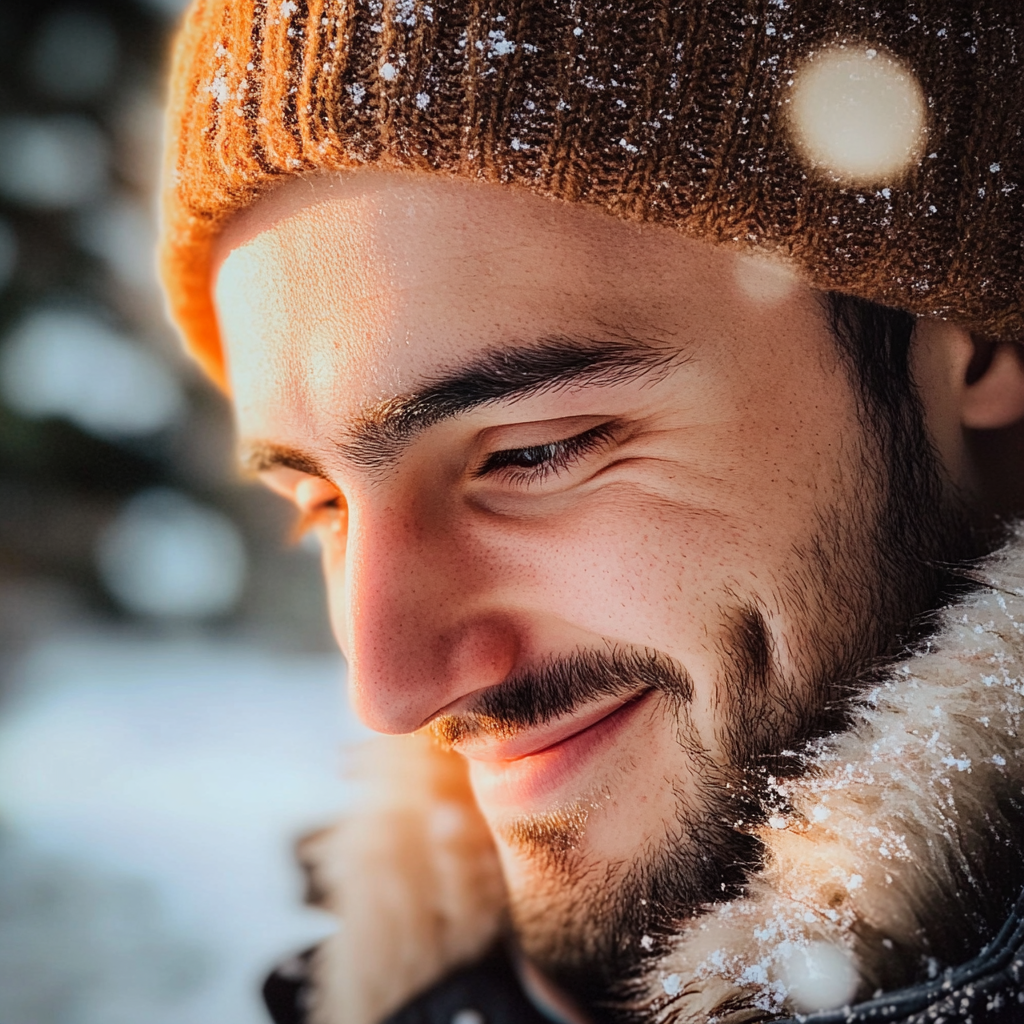 Un hombre sonriente mirando hacia abajo | Fuente: Midjourney