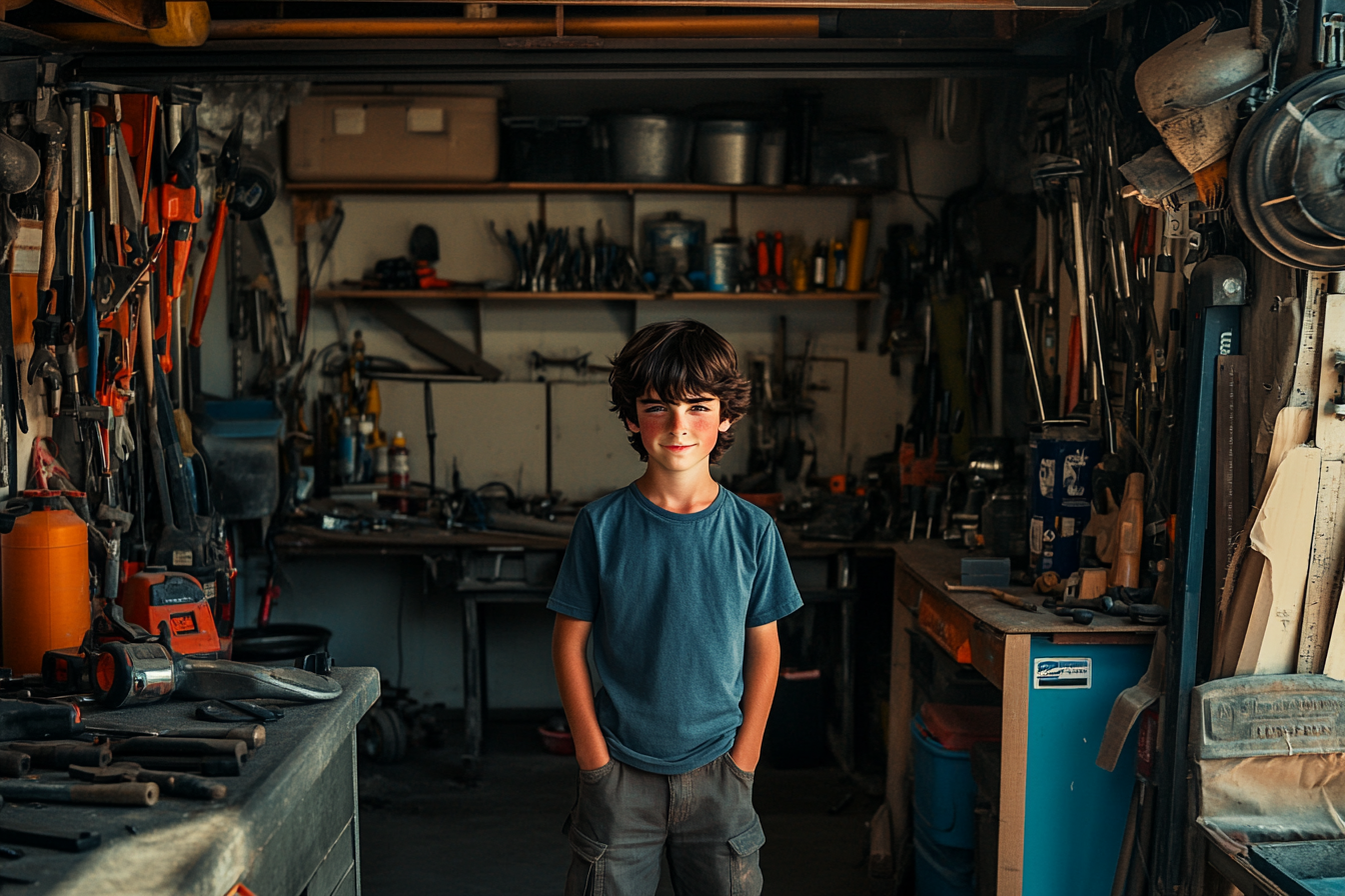 Un niño sonriendo en un garaje con herramientas | Fuente: Midjourney