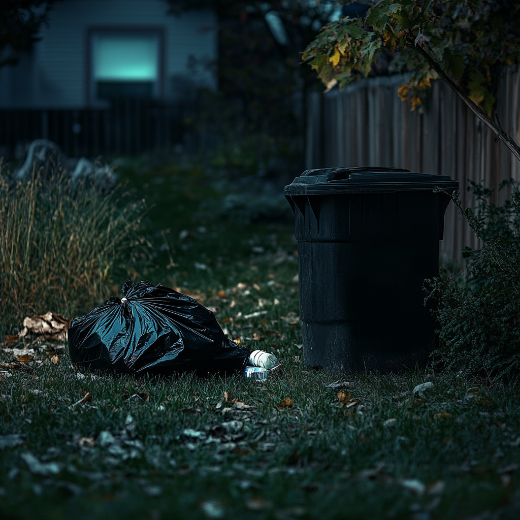 Una bolsa de basura negra cerca de un cubo de basura | Fuente: Midjourney