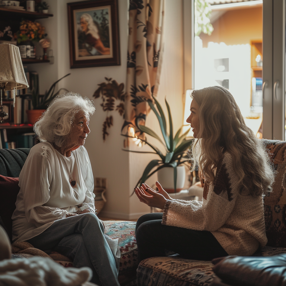 Una mujer y su abuela hablando en el salón de su casa | Fuente: Midjourney