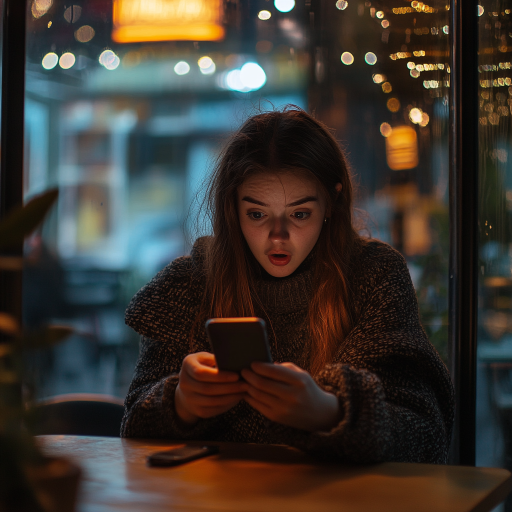 Una mujer conmocionada mirando su teléfono | Fuente: Midjourney