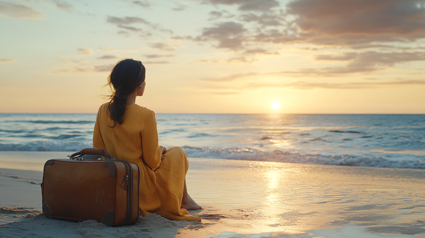 Mujer con su equipaje sentada en la playa | Fuente: Midjourney