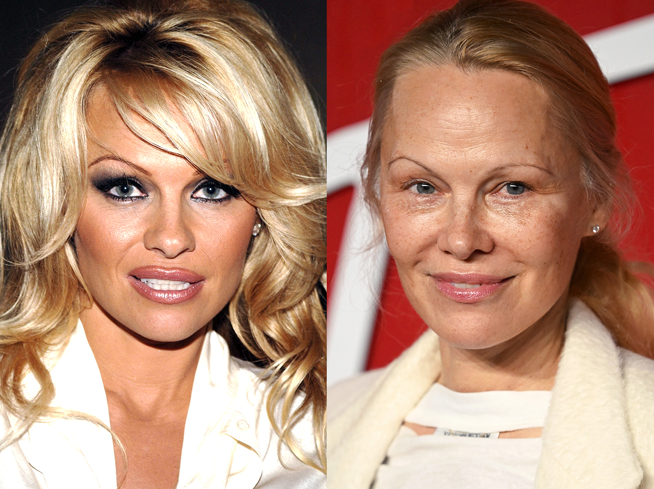 Pamela Anderson con maquillaje vs sin maquillaje | Fuente: Getty Images | Instagram/pamelaanderson
