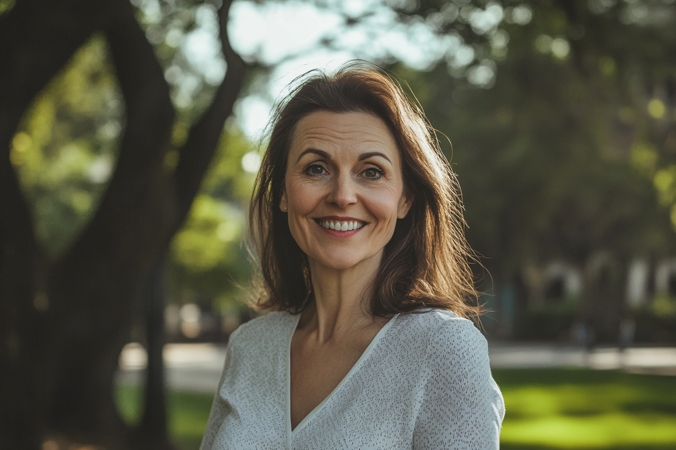 Una mujer feliz de pie en un parque de la ciudad | Fuente: Midjourney