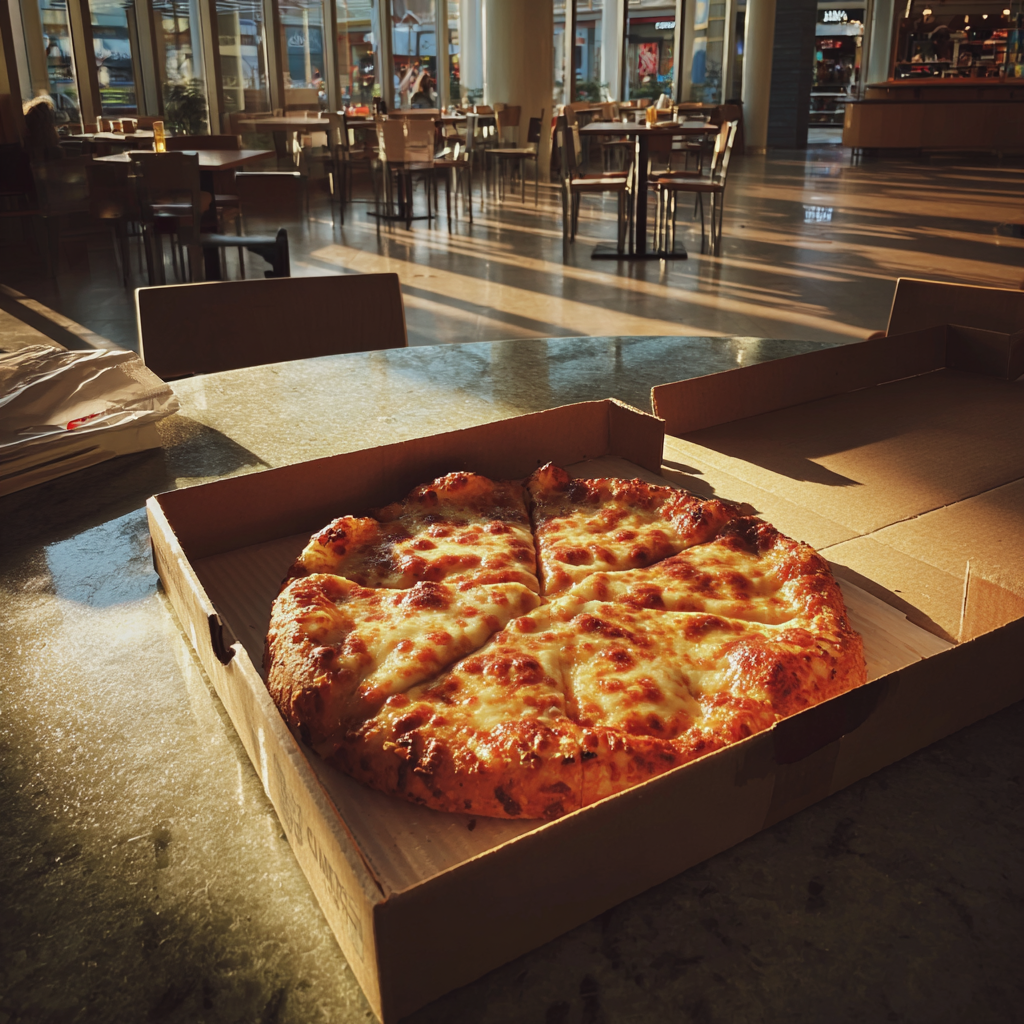 Una caja de pizza en una mesa del patio de comidas | Fuente: Midjourney