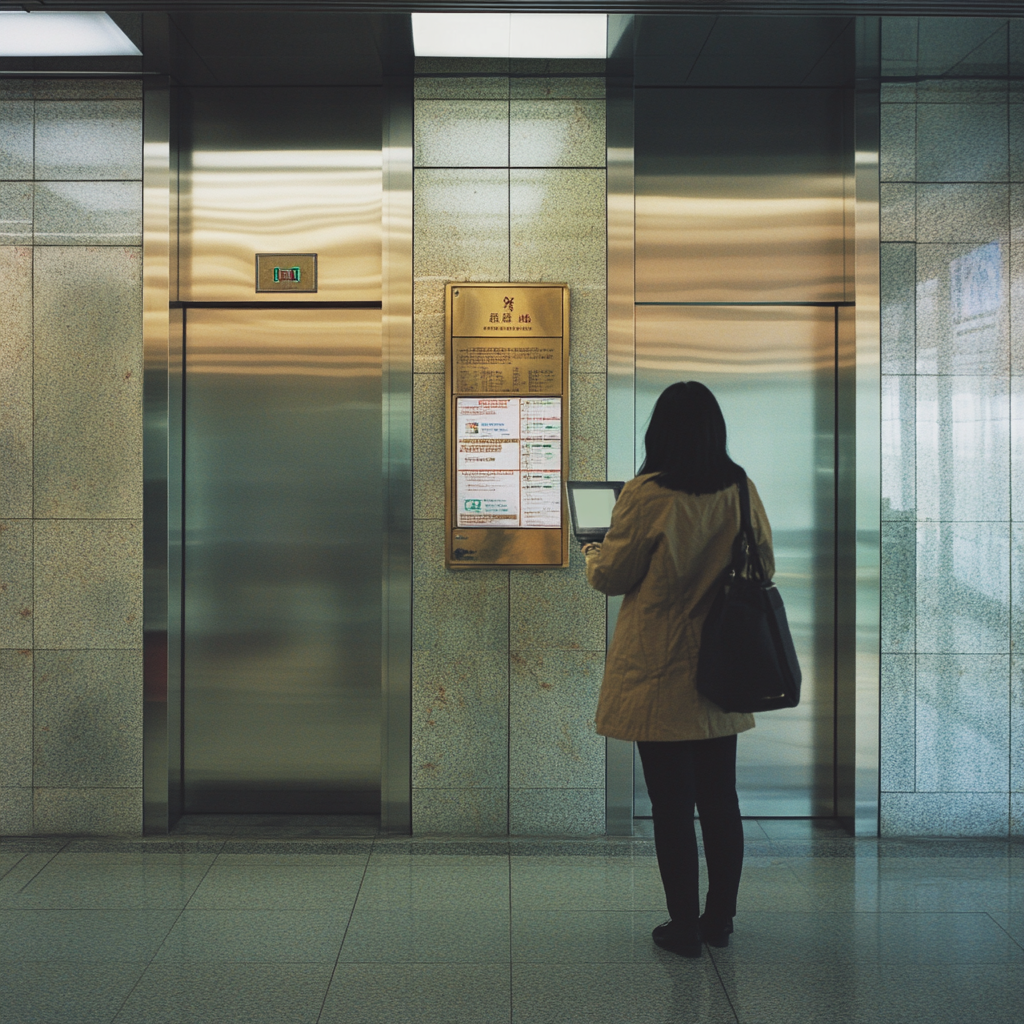 Una mujer estudiando un cartel cerca de un ascensor | Fuente: Midjourney