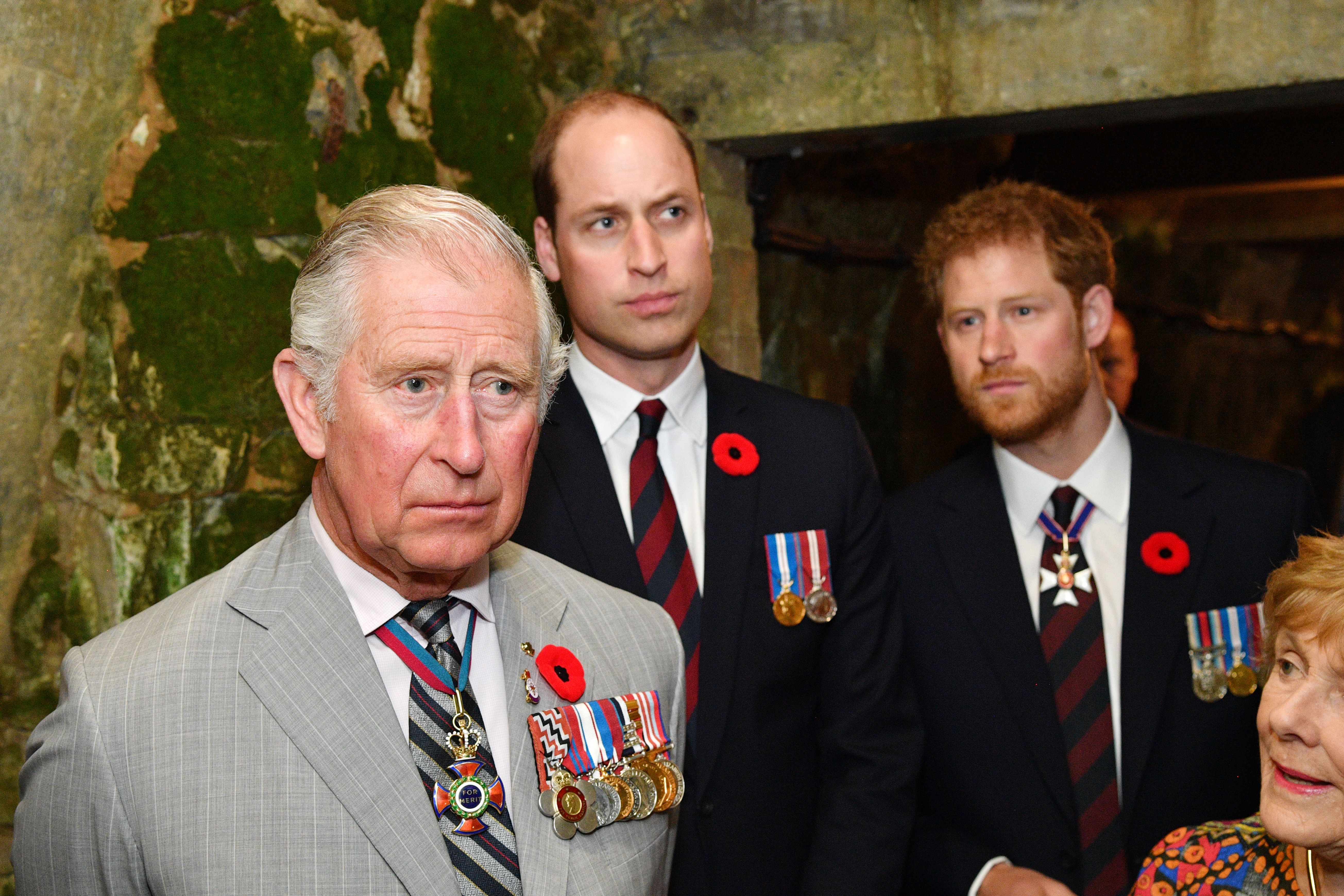 El Rey Charles III, el Príncipe William y el Príncipe Harry visitan el Parque Conmemorativo de Vimy el 9 de abril de 2017 | Fuente: Getty Images