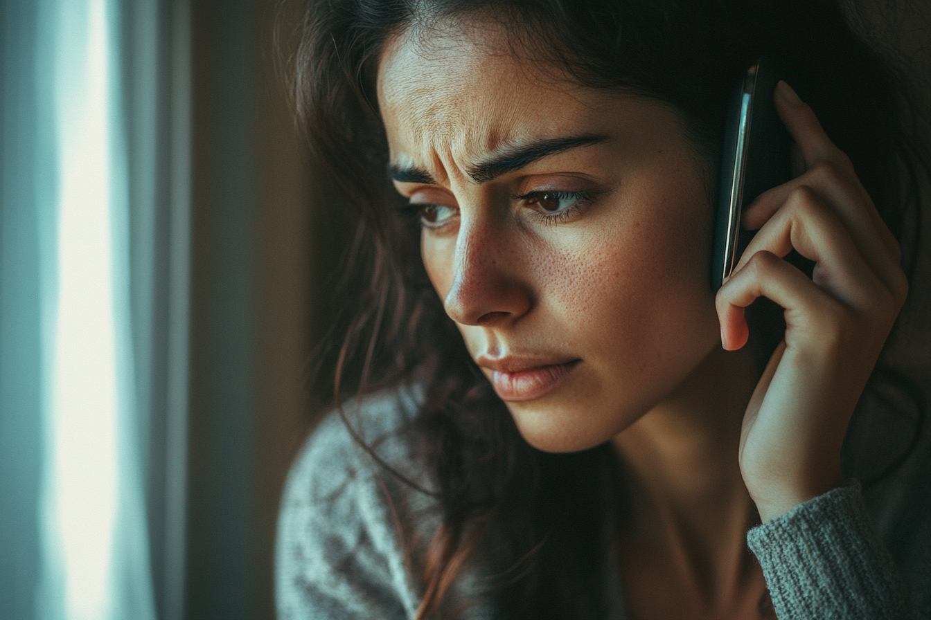 Mujer angustiada en una llamada telefónica | Fuente: Midjourney