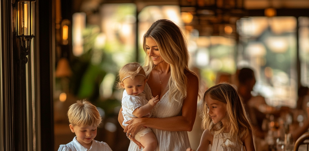 Mujer entrando en un restaurante de lujo con sus tres hijos | Fuente: Midjourney