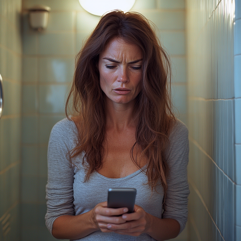 Una mujer alterada mirando su teléfono | Fuente: Midjourney