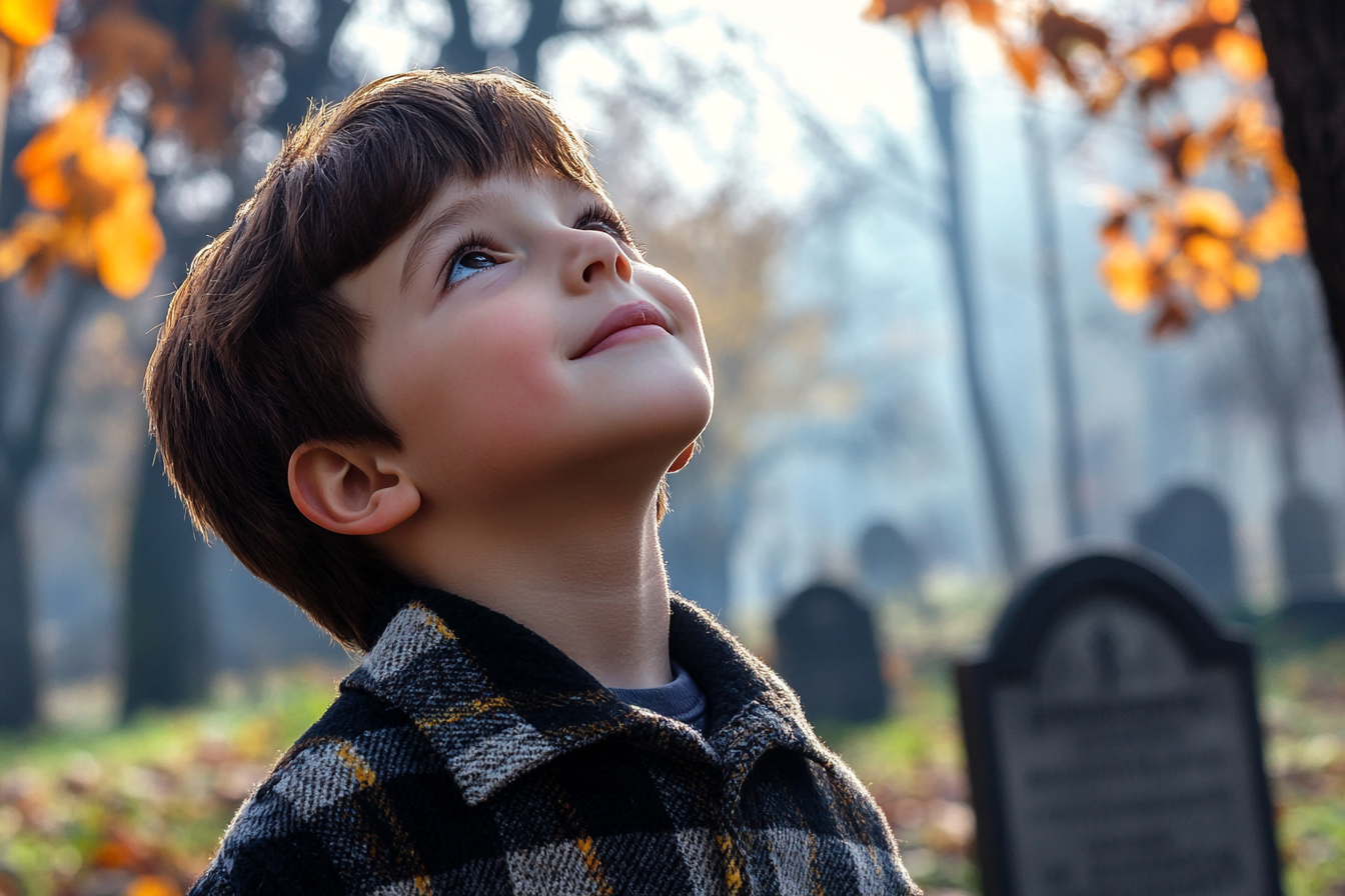 Un niño en un cementerio sonriendo a alguien | Fuente: Midjourney