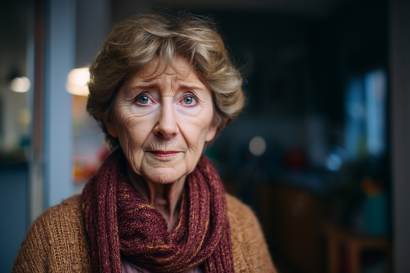 Una donna anziana che guarda dritto davanti a sé | Fonte: Midjourney