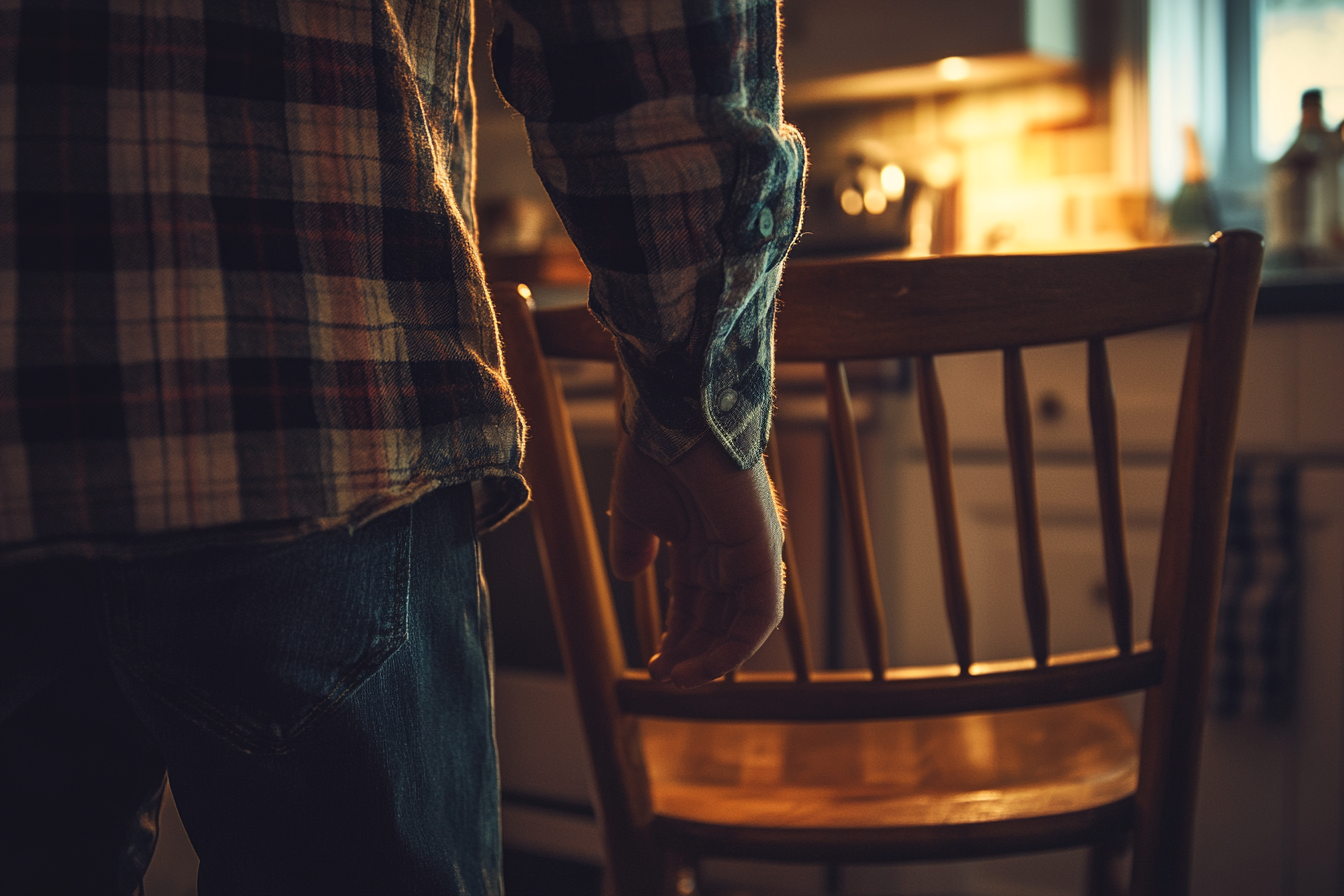 Un hombre de pie cerca de una silla de madera en la cocina | Fuente: AmoMama